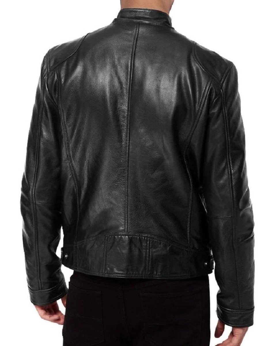 Men s SWORD Black Genuine Lambskin Leather Biker Jacket eBay