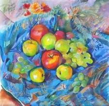 Natura morta con uva e mele acquerello dipinto d'autore 41х41cm