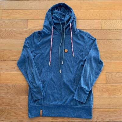 Naketano Cowl Neck Long Sleeve Hooded Shirt Top Womens XL Blue