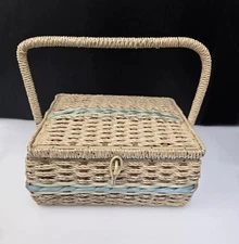 Vintage Sewing Basket Gimbels Woven Wicker Floral Satin Lining Made In Japan 10"