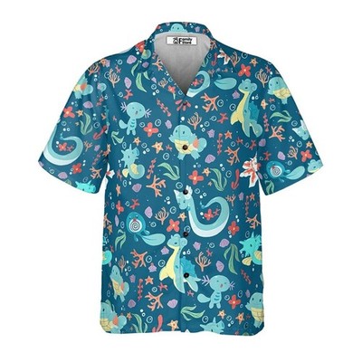Herren Button Down Tropical Creature Muster Spaß Cartoon Figur Hawaiihemd
