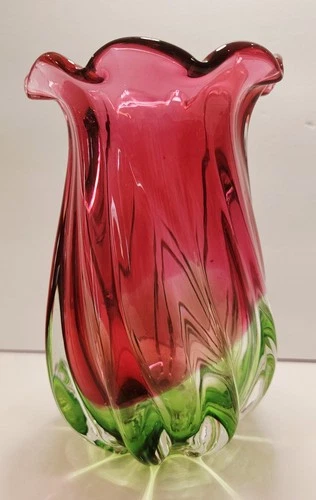 Vintage Hand Blown Heavy Watermelon Murano Style Glass Vase Gorgeous 7.5" x 5"