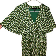 MAGGY LONDON Midi Dress Green Black Blue Abstract Short Sleeve Pockets Sz 2