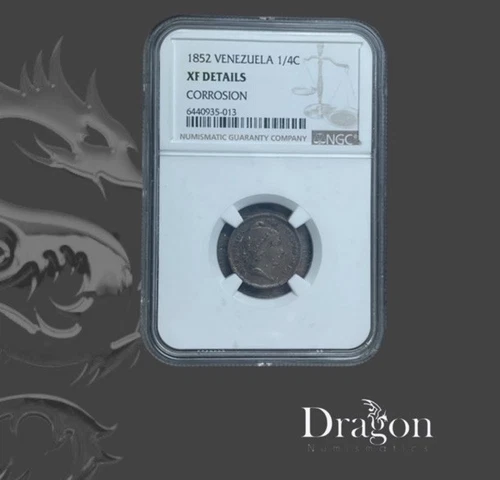 1852 Venezuela 1/4 Centavo Liberty Head Coin NGC XF DETAILS ANTIQUE BRONZE