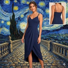 Lulus Reinette Navy Blue Pleated Sleeveless Midi Dress XS IDD74185 NEW