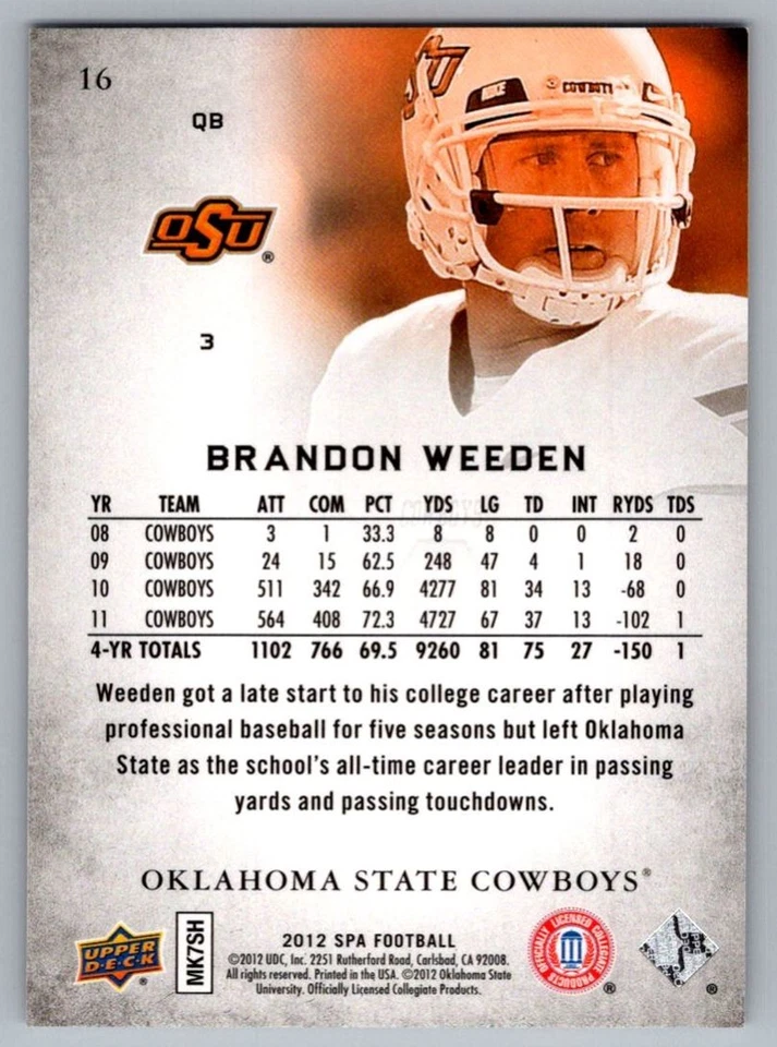 2012 SP Authentic Brandon Weeden Oklahoma State Cowboys #16 - Image 2 of 2