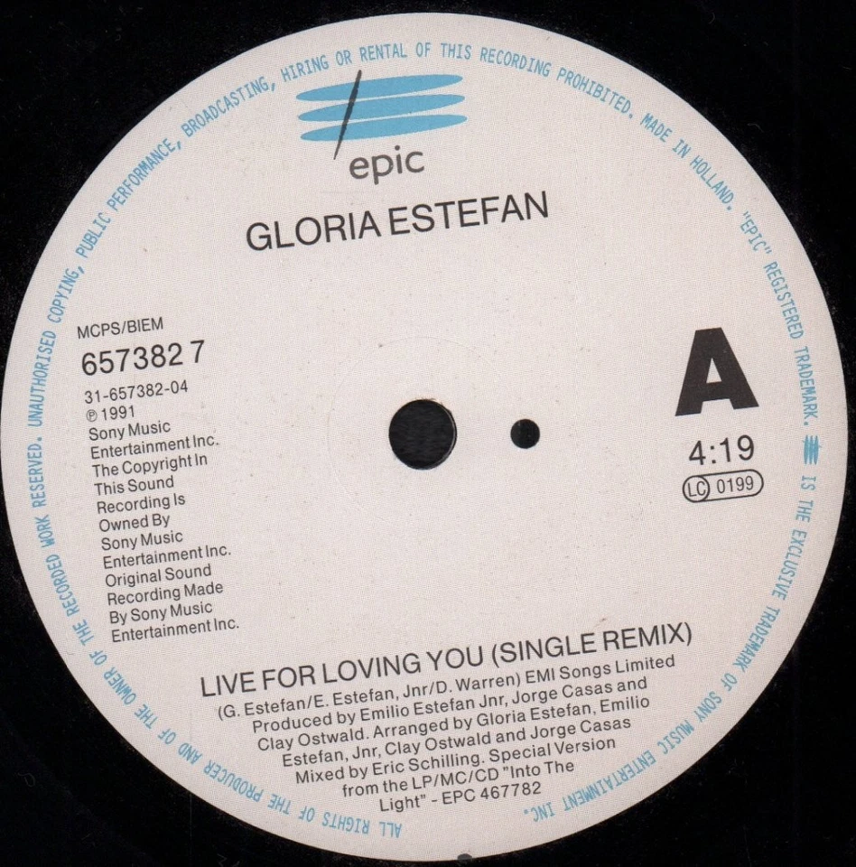 Gloria Estefan Live For Loving You 7" vinyl UK Issue Pressed In Netherland Epic - Image 3 of 3