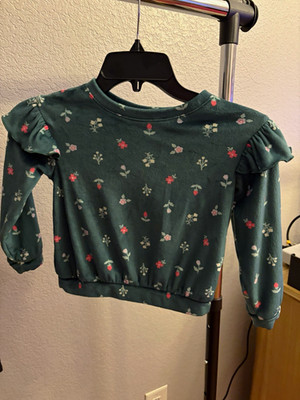 Girls Green Floral Long Sleeve Round Neck Ruffle Pullover Top