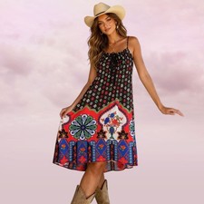 Vintage Domony 70s Floral floral Print Midi Dress Boho Retro Tie Strap - M