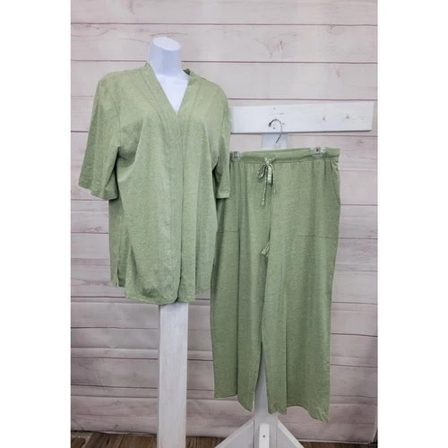 LARGE OLIVE A630870 Carole Hochman Cardigan and Wide Leg Cropped Pant Set