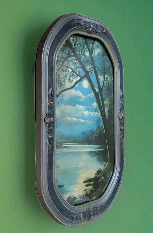 АНТИКВАРНАЯ ВЫПУКЛАЯ СТЕКЛЯННАЯ рамка для картин озеро лунный свет красивое искусство 21 X 14 дюймов - Изображение 2 из 4