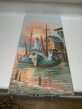 Vtg Oil Painting Boat Ship Harbor Sea Scene On Canvas Signed Waterfront 9x10