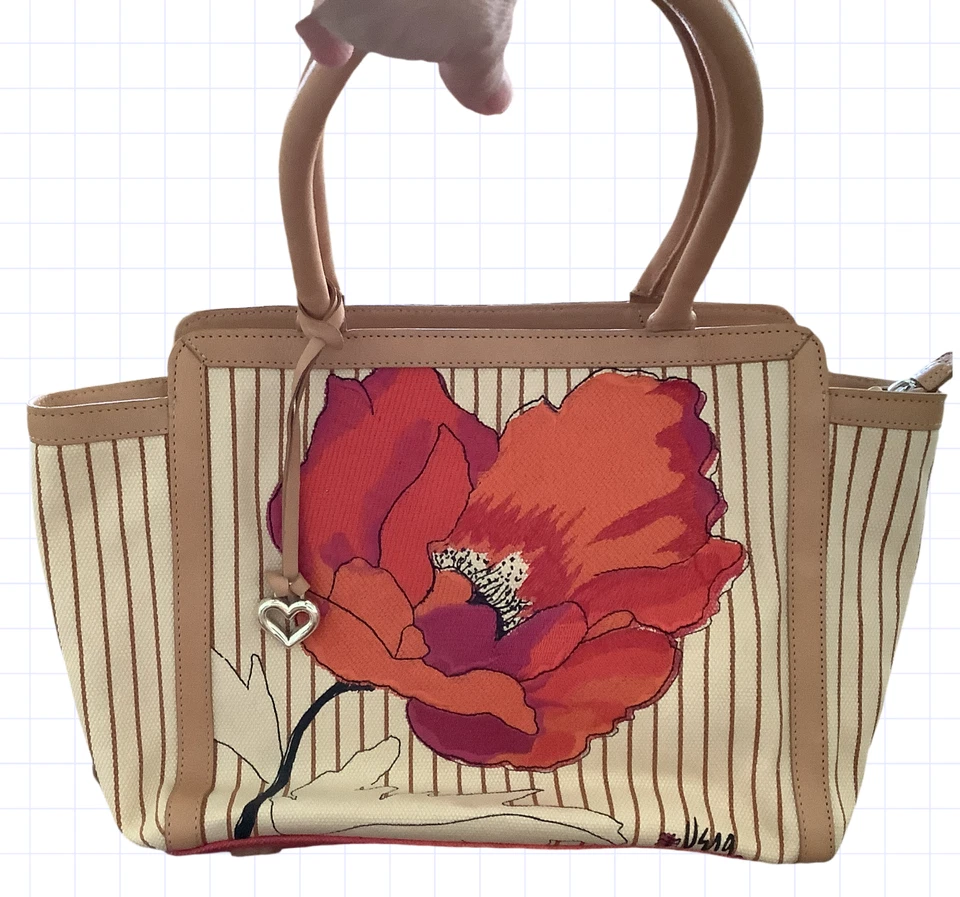 Vera By Brighton Double Strap Handbag 16” x 10” Canvas Embroidered Red Poppies - Image 3 of 4