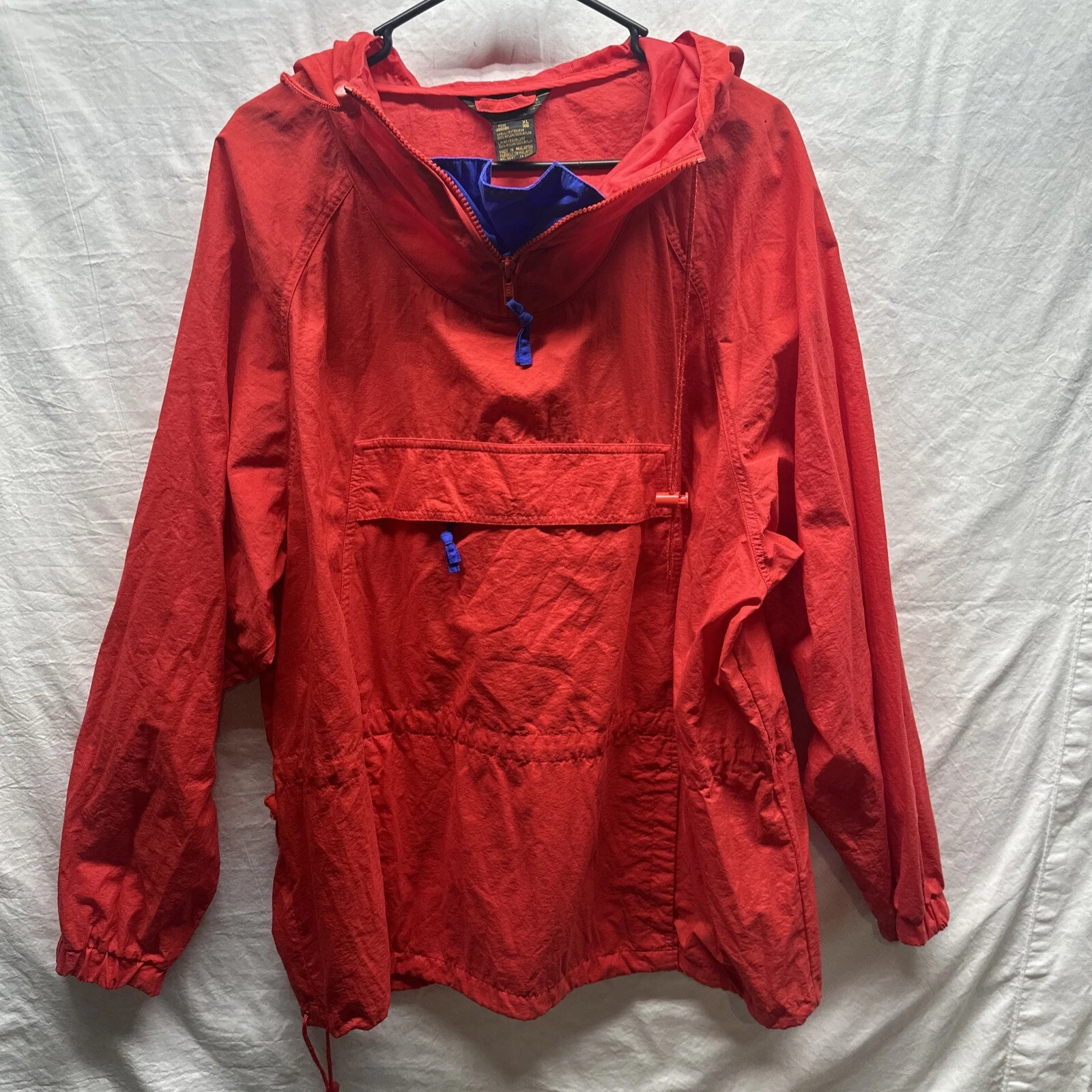 Vintage Eddie Bauer Men's XL Red 1/4 Quarter Zip Windbreaker Hoodie Blue