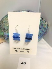 Genuine Surf Tumbled Sea Glass earrings Blues. Platinum Silver ear wires. J6
