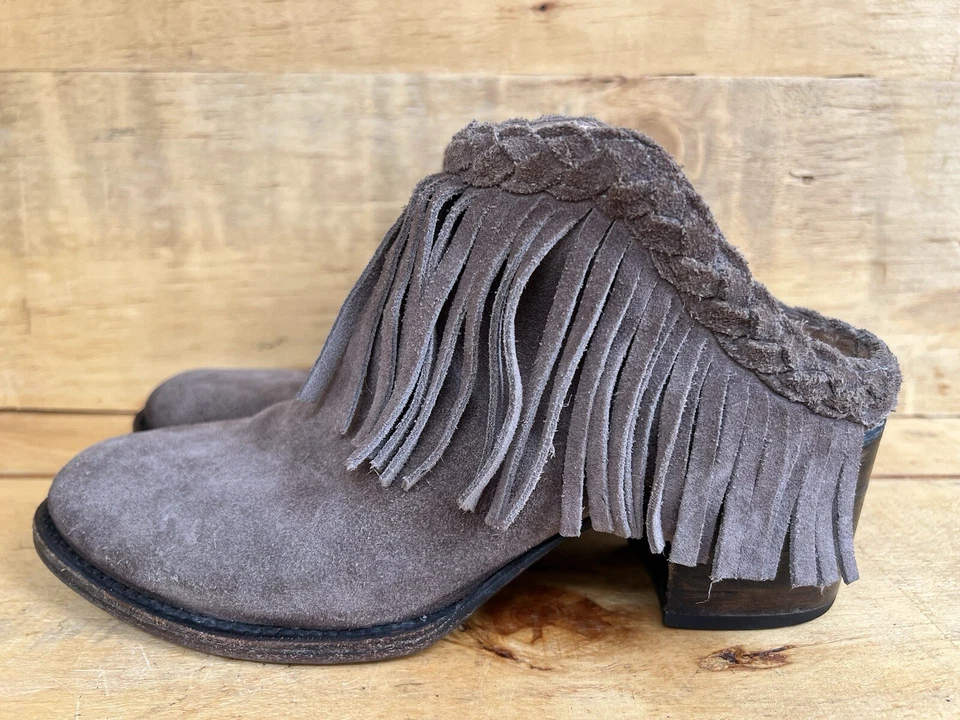 Freebird by Steven Lucy Fringed Brown Leather Slip-On Mule Ankle Booties Size 10 - Image 4 of 4