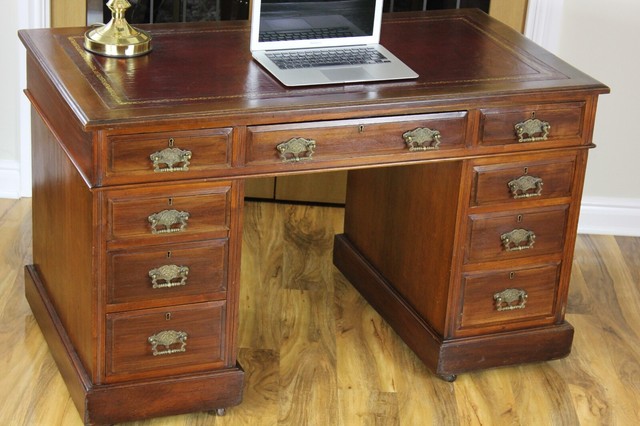 Solid Mahogany Large Partners Desk Brown Leather Antique