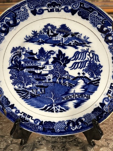 Beautiful/Antique-Flow Blue-Cake Plate-BLUE WILLOW-9.25”-w/Gilding-Pottery-LOOK- - Picture 6 of 9