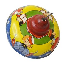 Tin Spinning Top Toy c1950s Pump Dutch Boy  Girl Skaters Lithograph Vtg READ