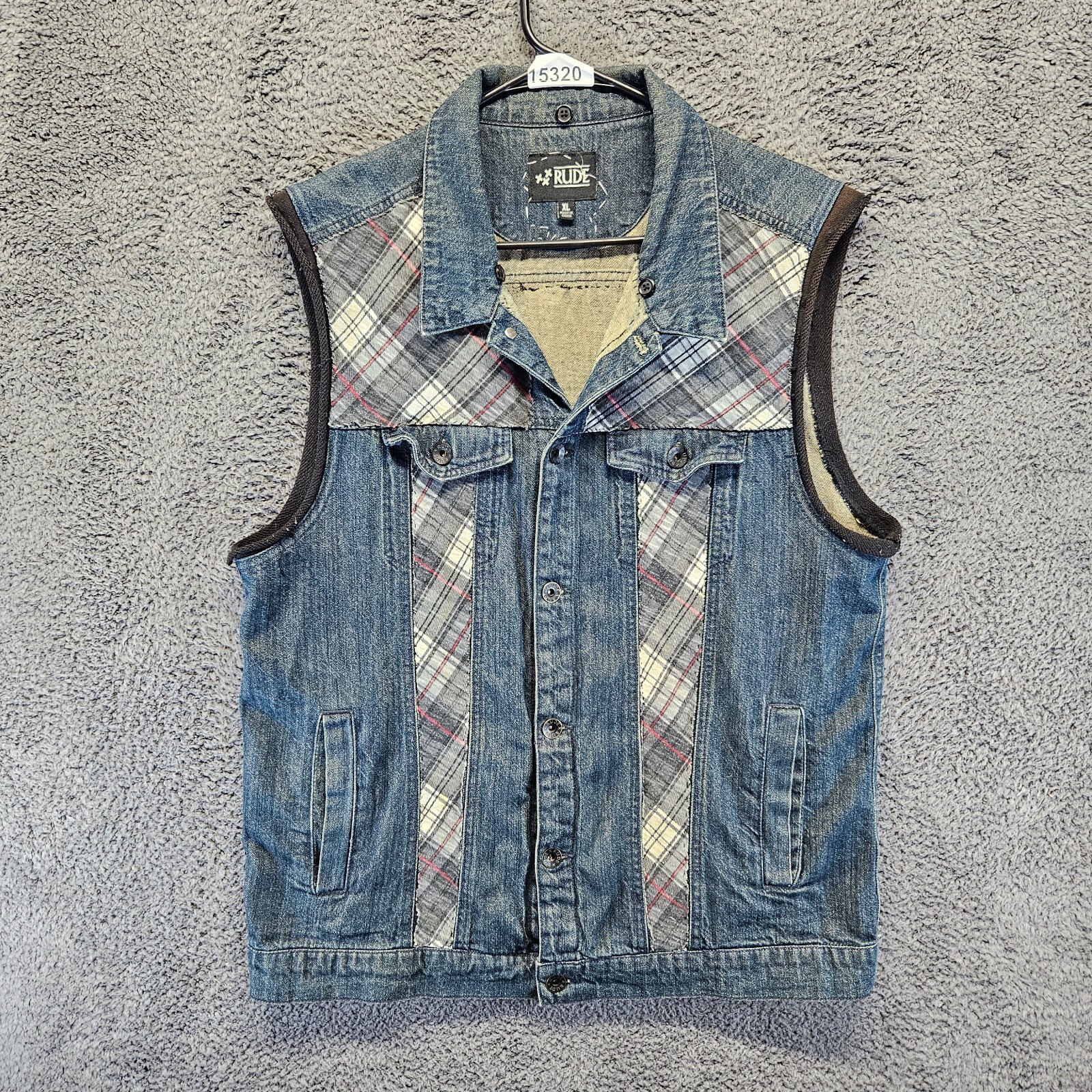 Rude Denim Vest Men Size XL Blue Gray Plaid Collared Button Front