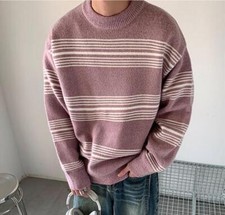 Men's Fashion Winter Crew Neck Long Sleeve Loose Warm Stripe Kniting Sweaters