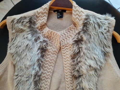 H&M lange Damen Strickweste Cardigan Weste mit Kunstfell Gr. M braun Gürtel - Bild 5 von 12