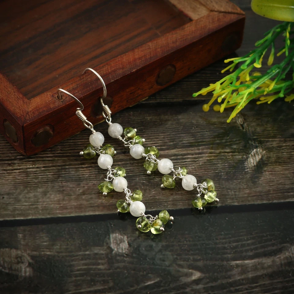 925 Sterlingsilber Natürlich Mondstein Mit Peridot Perlen Lang Ohrring Geschenk - Bild 2 von 4