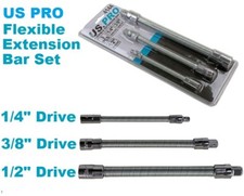 3pc FLEXIBLE SOCKET EXTENSION BAR SET by US PRO TOOLS 1/4" 3/8" 1/2" Drive