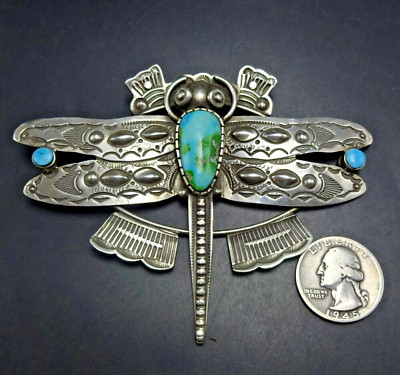 ART TAFOYA Hand Stamped Sterling DRAGONFLY Pin/Pendant SONORAN GOLD TURQUOISE