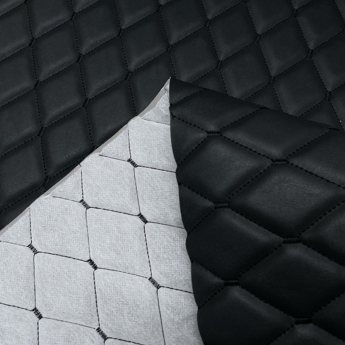 Black Diamond Stitch Quilted Faux Leather Upholstery Fabric 6mm