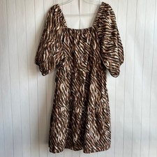 Mlle Gabrielle size 3X midi dress square neck puff sleeve tiger brown cotton