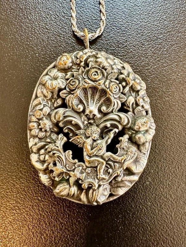 Cherub Angel Cupid Lute Love Bird Flower Pendant Necklace Victorian Love Silver
