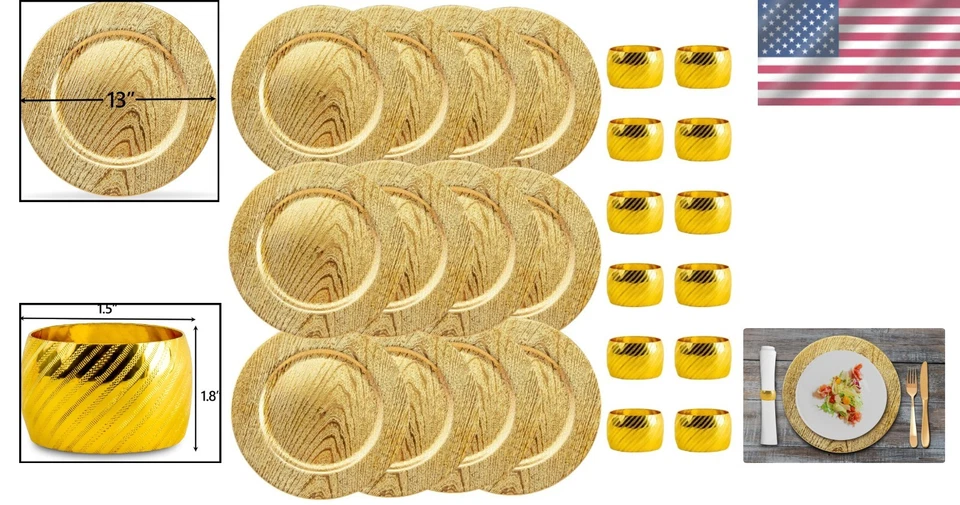 Versatile 12 PC Hammered Gold Charger Plates with Napkin Rings for Celebrations - Image 2 of 4
