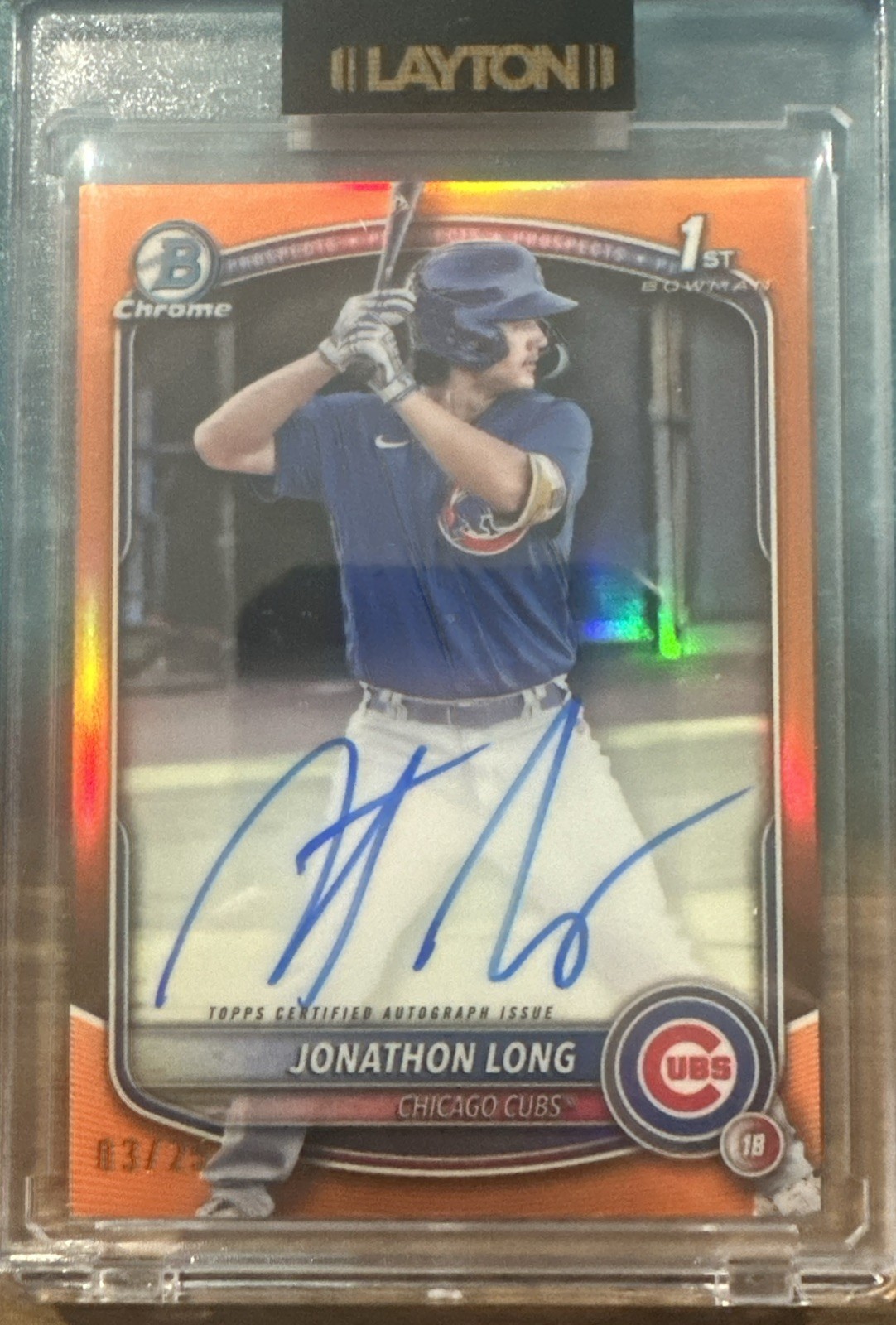 Jonathon Long 2025 Bowman Chrome 1st Orange Shimmer Auto /25 Cubs