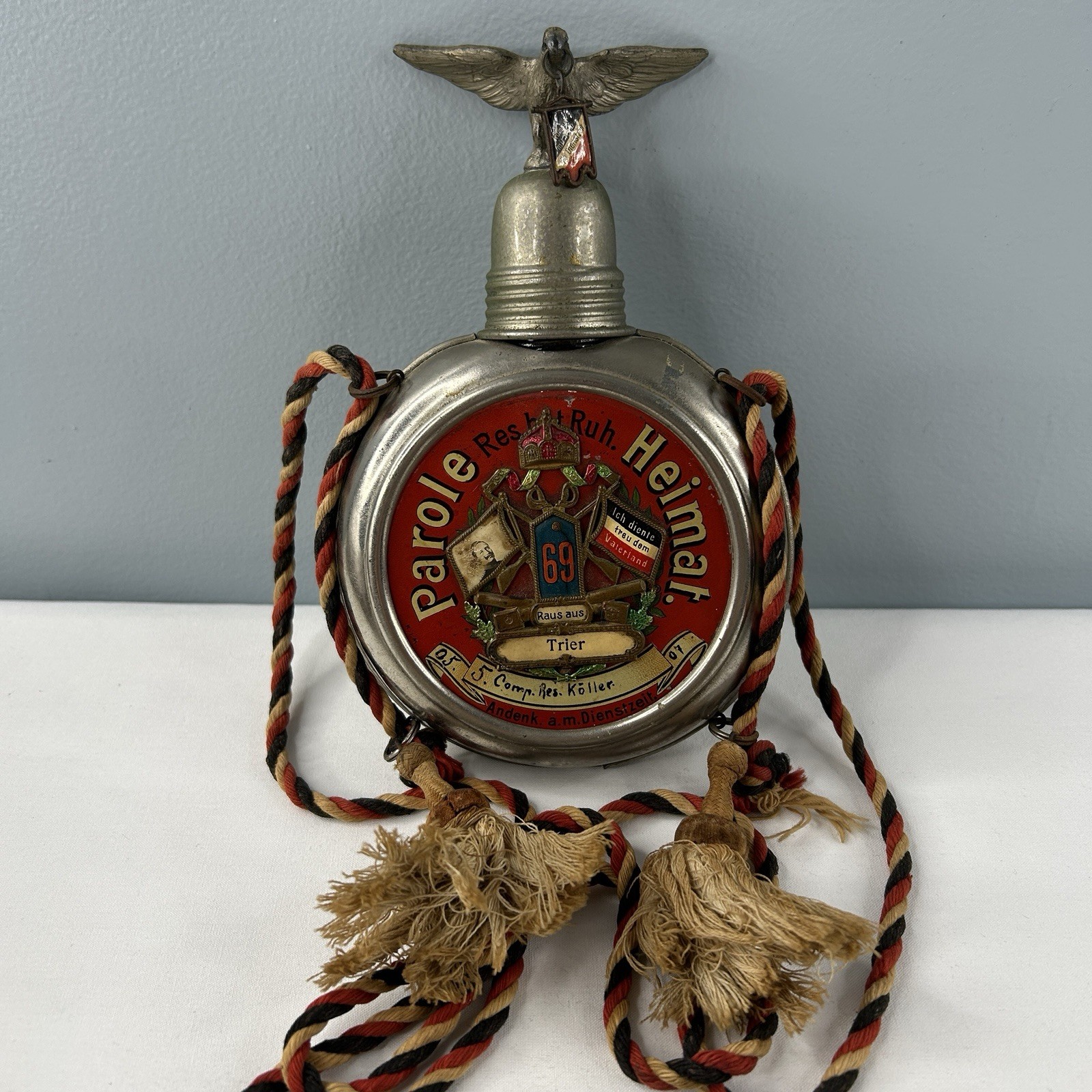 Pre WWI German Flask Metal/Glass Parole Heimat Soldier Reservist