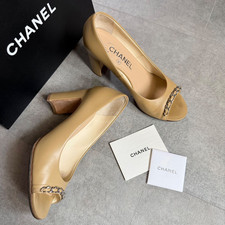 CHANEL Coco Mark Chain Open Toe Pumps Beige Leather Size US7 EU37C w/Accessories