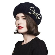 Womens Black Beret Hat, Winter Classic French Beret with Pearls Bow for Ladys