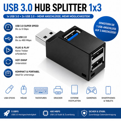 USB 3.0 Hub Adapter Mini-Splitter 1-zu-3 Ports High-Speed USB 2.0 für PC/Laptop