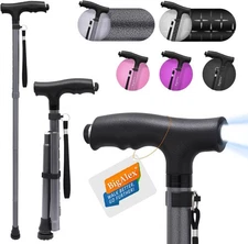 Folding Walking Cane with LED Light, Lightweight Cane with Comfortable T-Handle