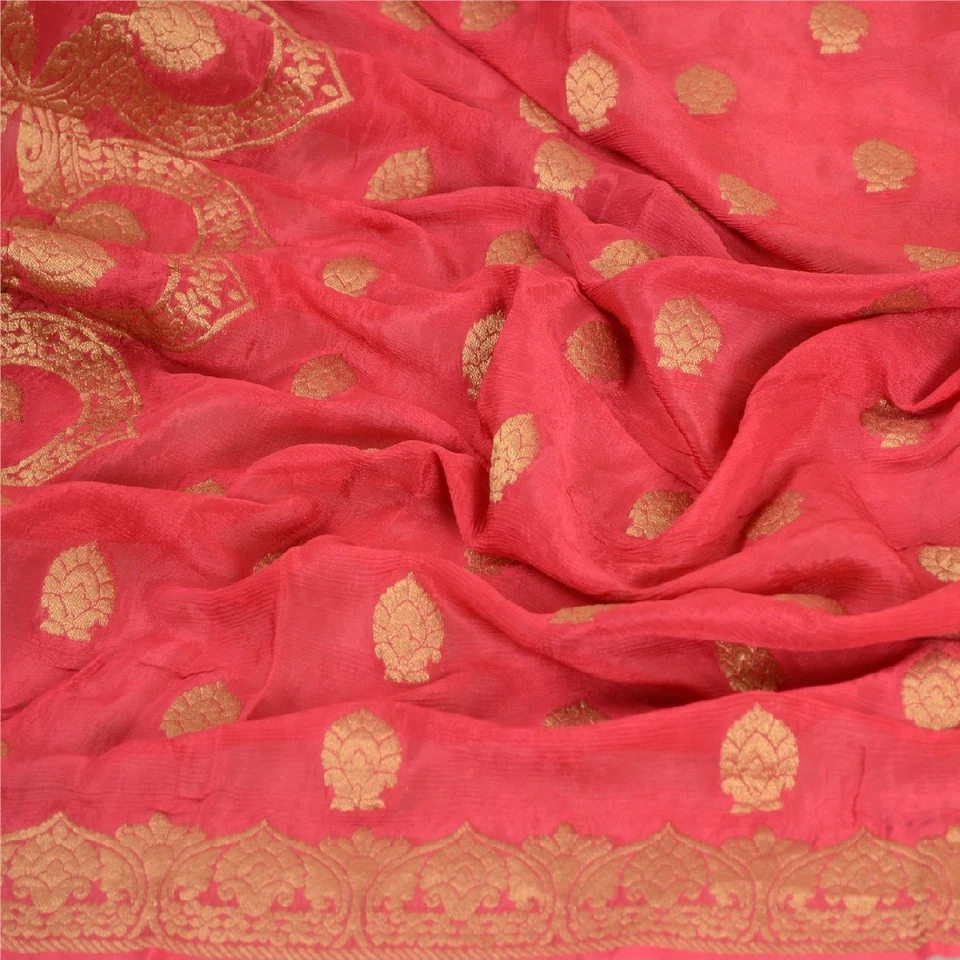 Sanskriti Vintage Dupatta Long Stole Blend Silk Pink Woven Brocade Wrap Scarves - Image 4 of 4