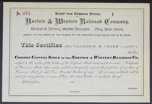 Stock Certificate - Norfolk & Western Railroad Co - 30,000 Shares       EPH643 - Afbeelding 1 van 2