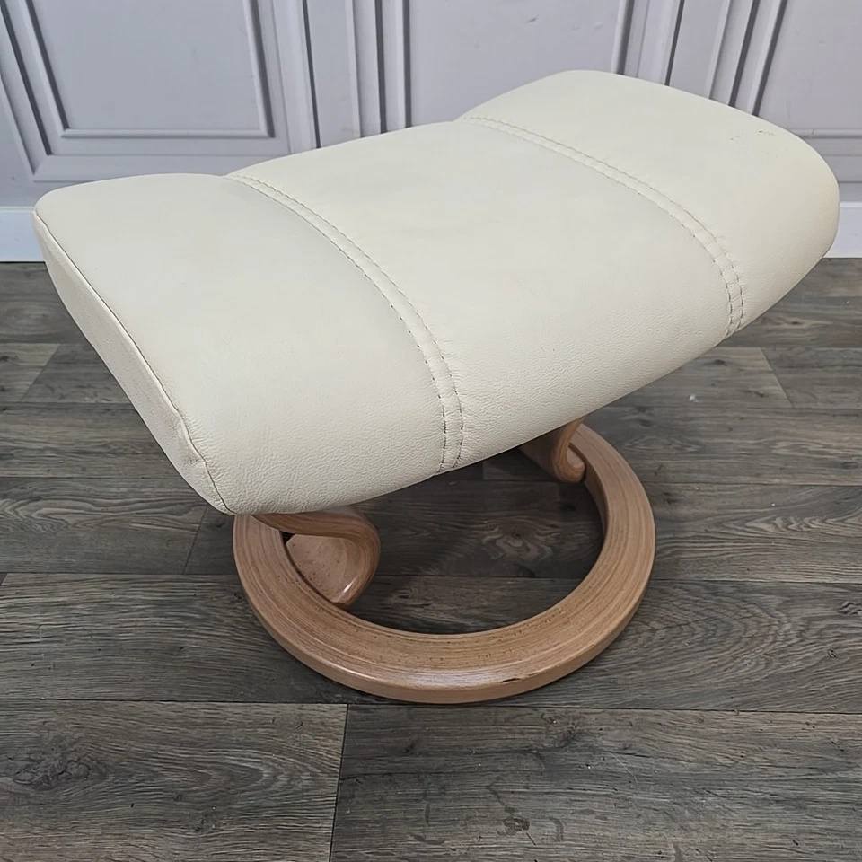 Retro Ekornes Stressless Footstool Cream Beech Wood Circular Base Leather Vinyl - Image 2 of 4