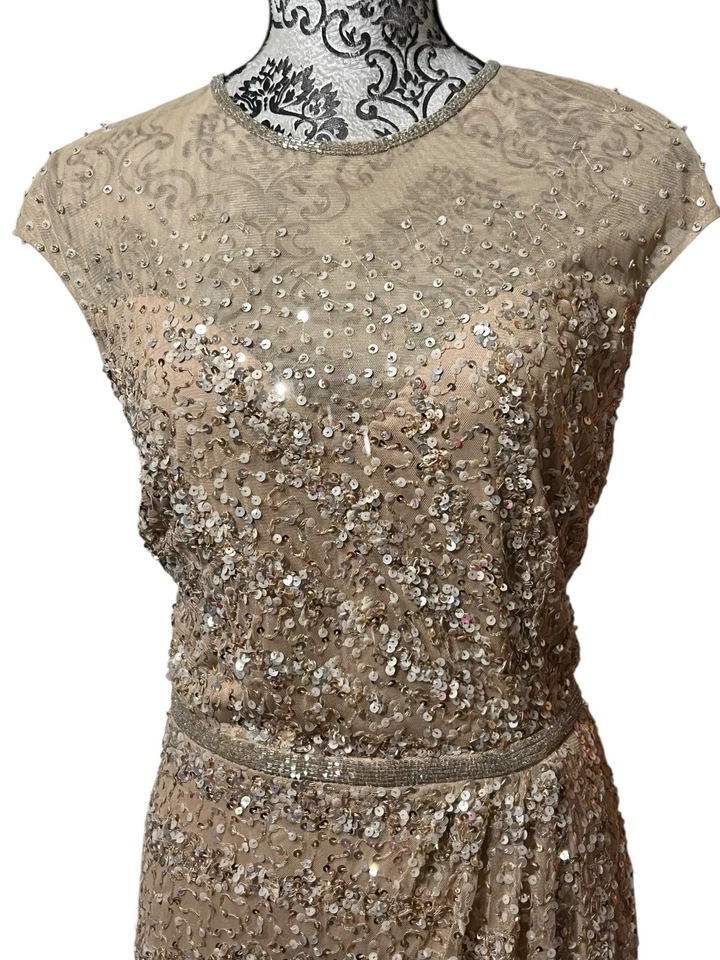 Vestido tren Mac Duggal lentejuelas sin mangas ilusión escote talla 12 rosa Foto 4 de 4