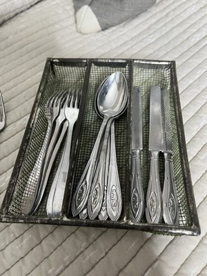 Vintage Toy Doll Mini Flatware Silverware Cutlery Set Holder Forks Knives Spoons