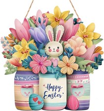 Happy Easter Door Sign Wreath Hanging Decoration Spring Bunny Wall Art 11.2"