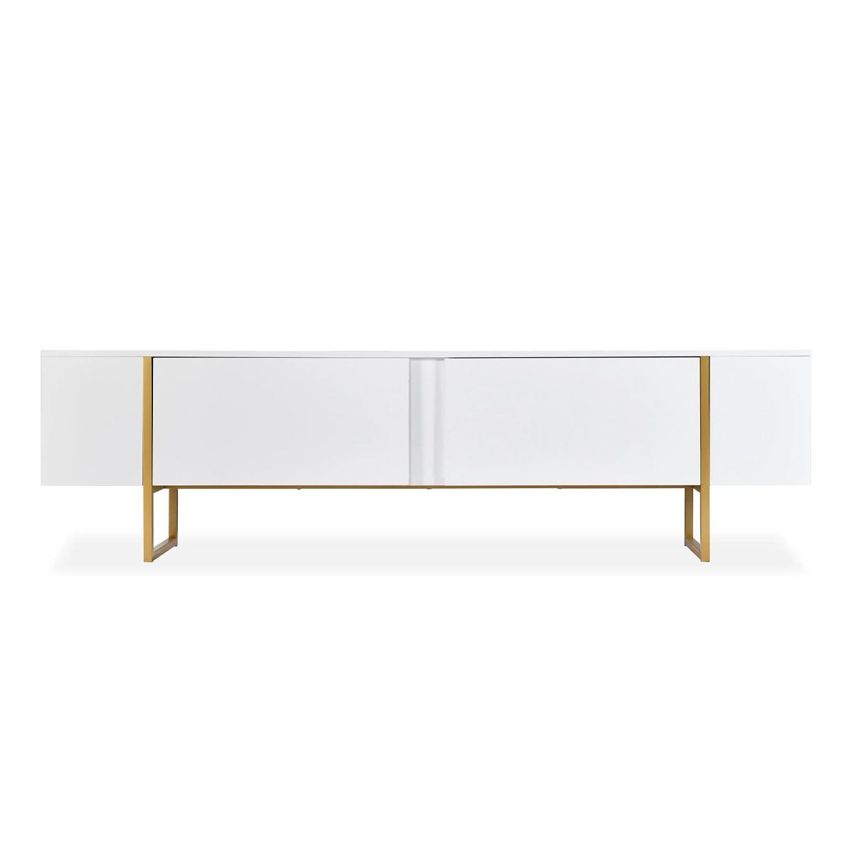 Meuble TV blanc et or 180cm Valentin, grand banc TV design avec rangement portes