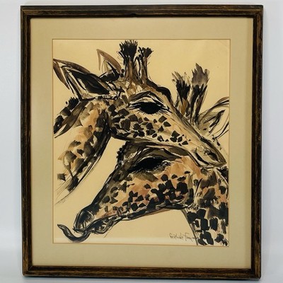 Gertrude Freyman Signed Watercolor Giraffe Painting Framed Kansas City Artist