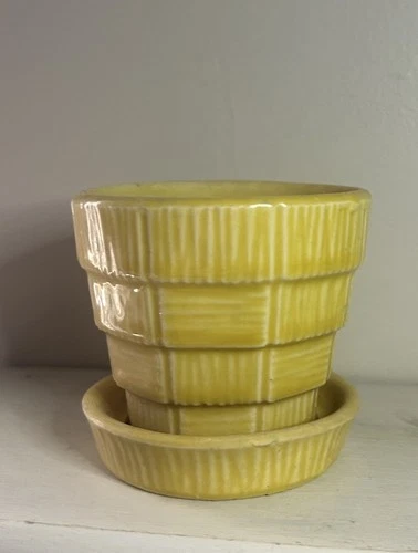 McCOY Yellow Pot Planter with Attached Saucer Yellow Basketweave VINTAGE