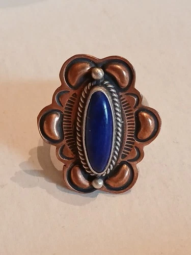 Vintage Navajo Running Bear Sterling Silver/Copper Lapis Lazuli Ring Size 8