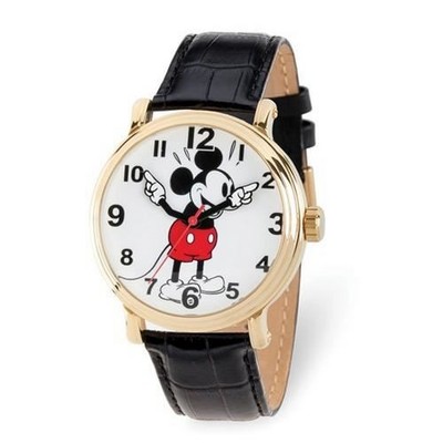 Disney Adult Gold-tone Mickey Mouse Black Leather Band Watch | eBay